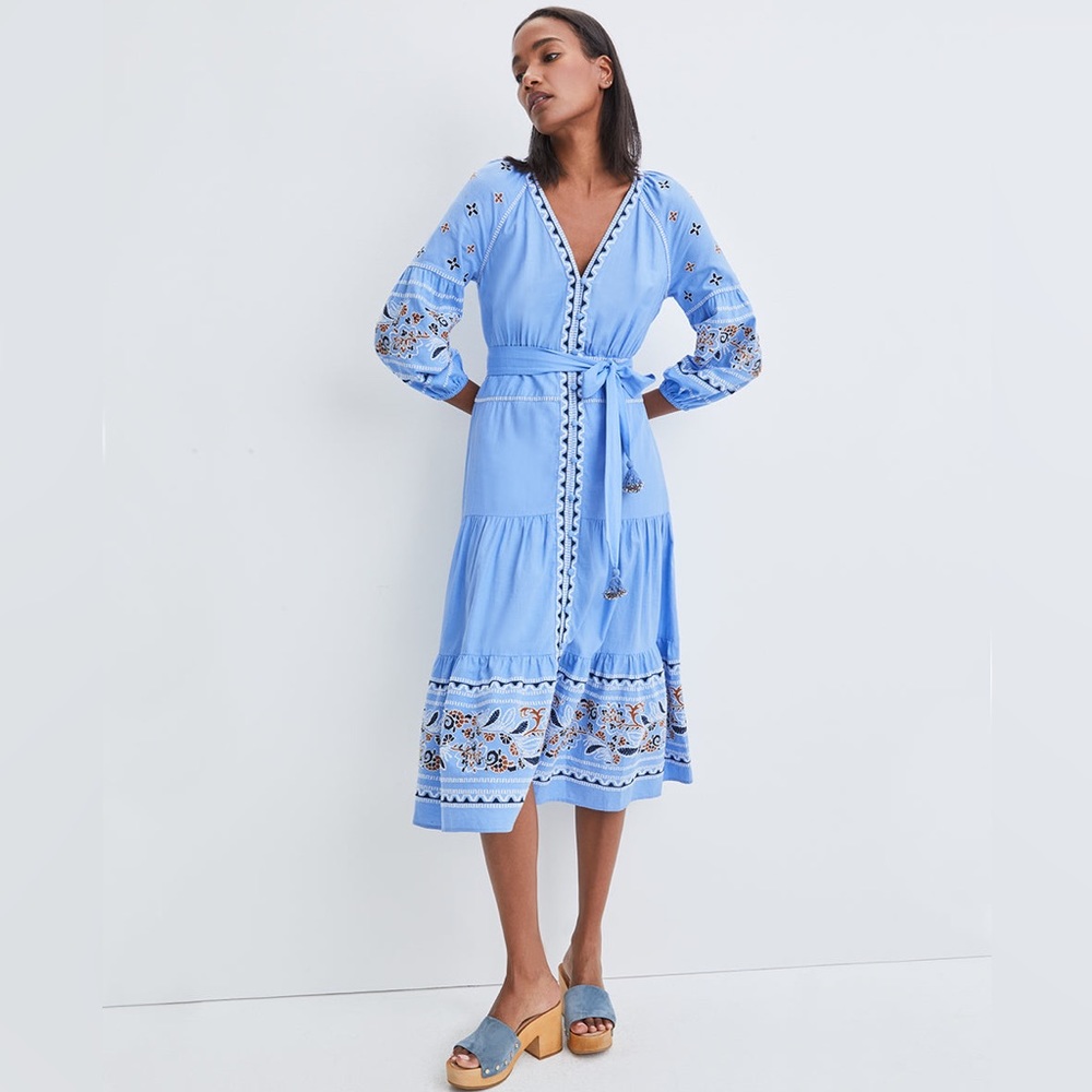 Veronica Beard Light Blue Embroidered Midi Dress